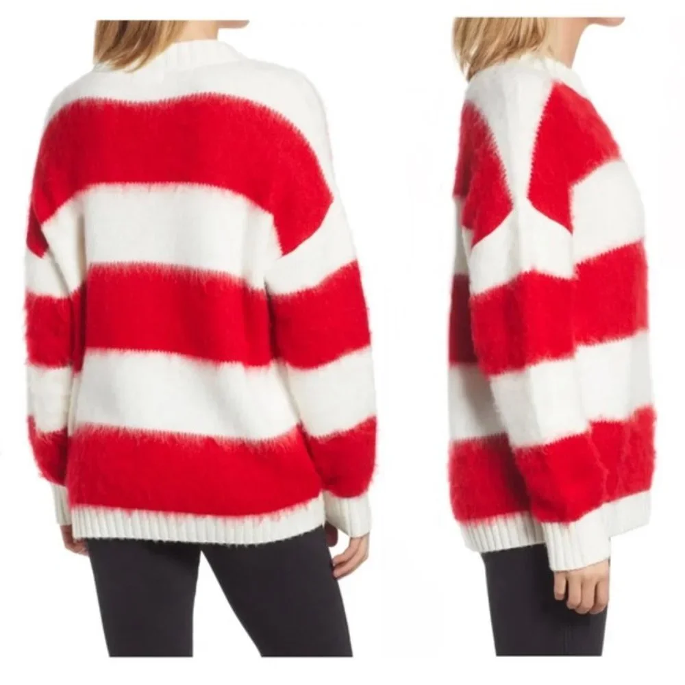 BP Oversize Brushed Pullover Red Ivory Striped XS